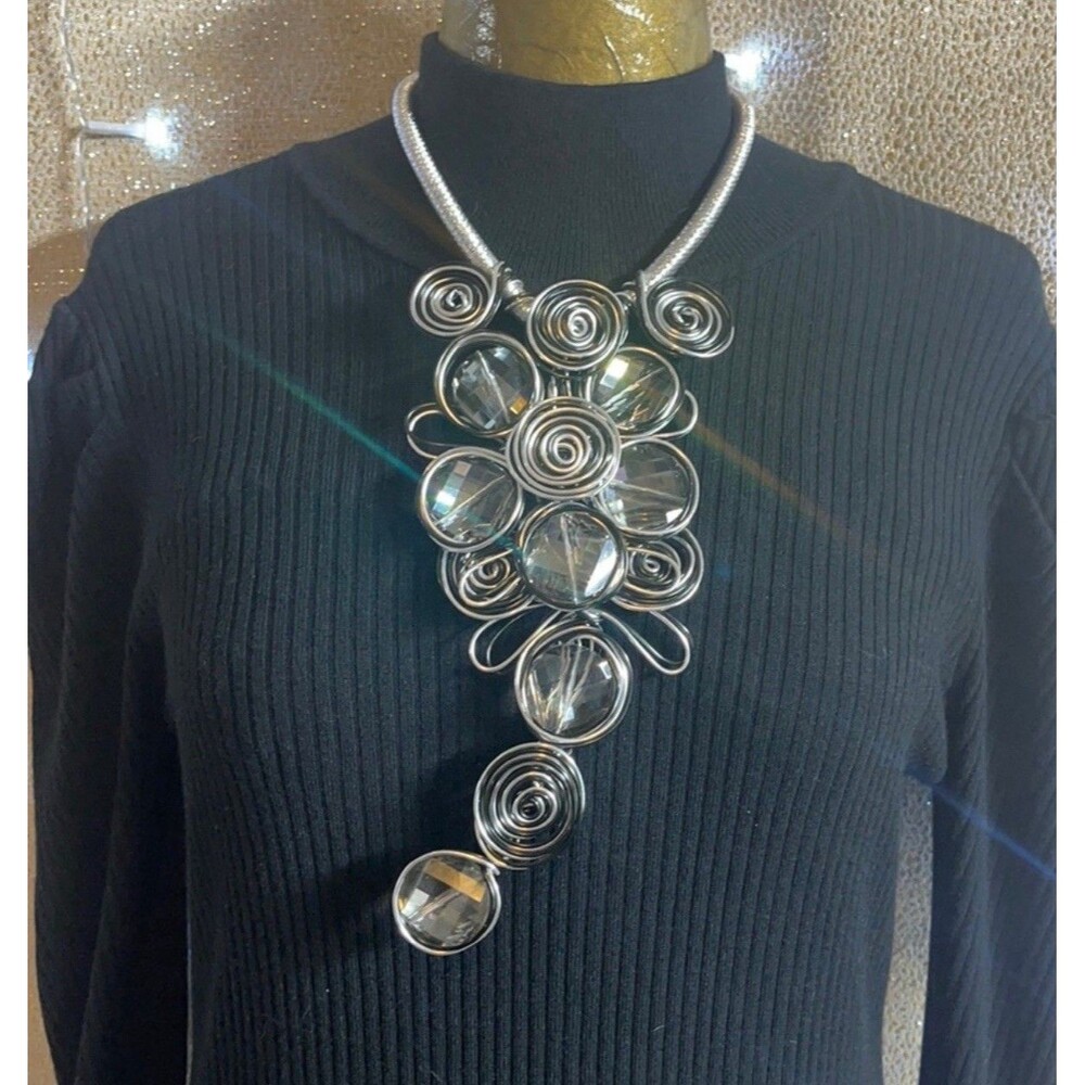 Artisan Handmade Wired Acrylic Silver & Black Beaded Statement Necklace